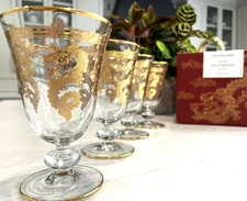 Williams Sonoma Lunar Gold Dragon Goblets Etched Crystal Glasses ~Set of 4 ~NEW