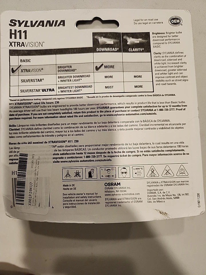 Sylvania XTRAVISION H11 High Performance Headlight 2 Bulbs Brand New - Image 2 of 3
