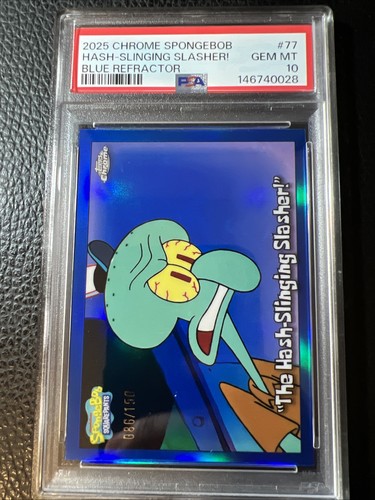 POP 2 Topps 2025 Chrome SpongeBob Hash-Slinging Slasher! Blue Ref /150 PSA 10
