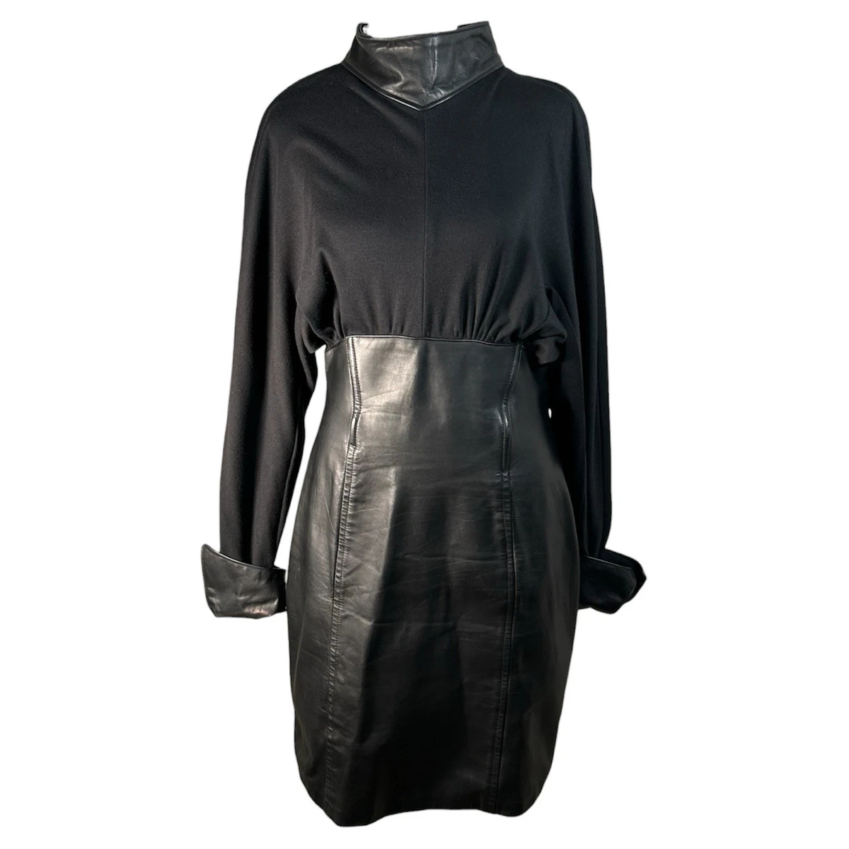 chinese dress ladies 1980's Vintage Black Leather Dress w/ Mutton Sleeves Size 2/4 main image 1