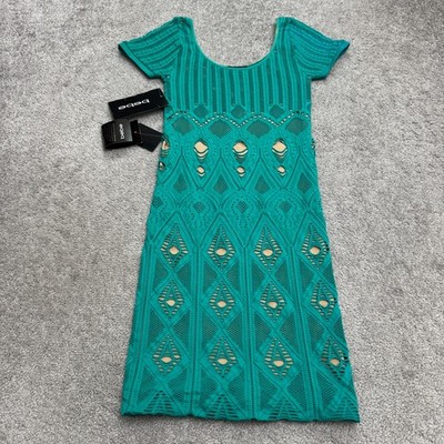 BeBe Lace geometric Crochet Bodycon Dress Womens Small Petite Green Knitted NWT