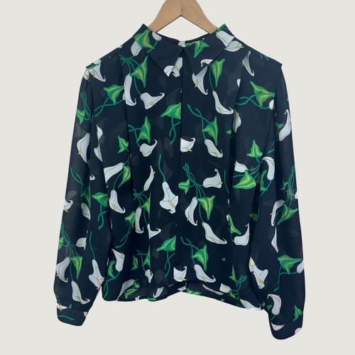 Cygnet Calla Lily Floral Blouse 9 Black Green Vintage Button Back Long Sleeve