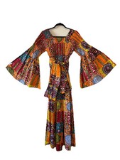 VTG African Star Bohemian Maxi Dress Off The Shoulder Oversized Flared Sleeve OS