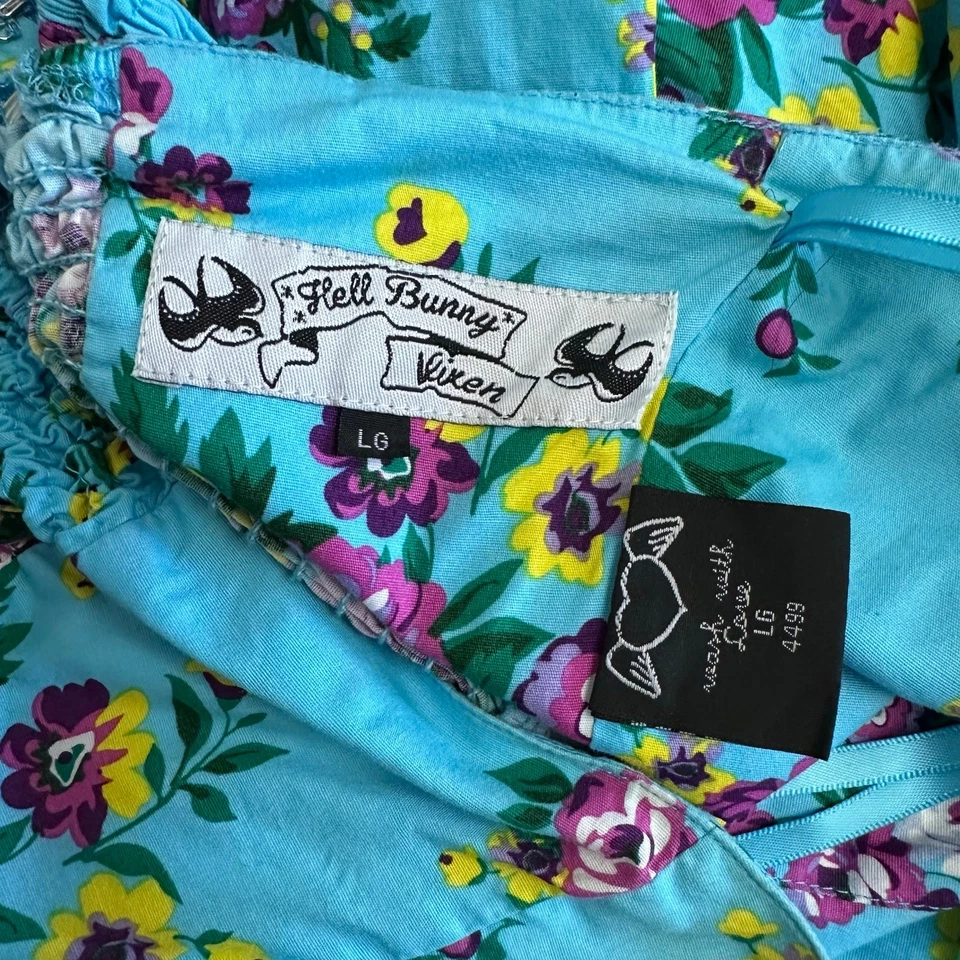 Hell Bunny Vixen Retro Halter Sundress Blue Floral Rockabilly Pin Up 50s Dress L - Image 2 of 4