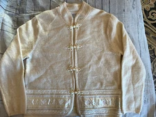 Vintage Field Gear Off White Wool Button Front Sweater Women Medium Sequins