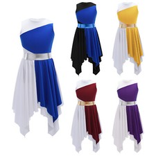 Girls Color Block Asymmetrical Lyrical Contemporary Dance Dress Praise Tunic