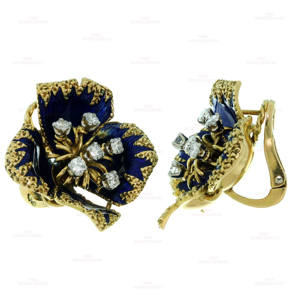 卡地亚钻石蓝色珐琅黄金花朵夹式耳环1950年代 — 第 4/4 张图片