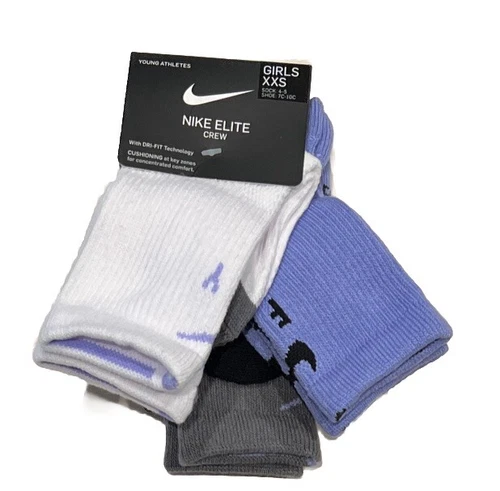Nike  Dri-FIT Elite Crew Socks 3 Pair Girls  Young Athletes Shoe Sz 7C-10C Nwt
