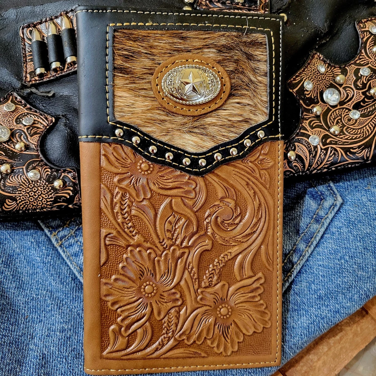 Texas West Western Tooled Genuine Leather Star Men's Long Bifold Wallet  (Black)