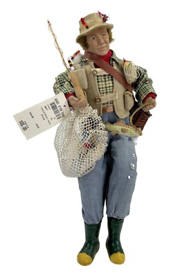 Vintage Fisherman Doll/Figurine Fly Fishermen 15'' Tall While Sitting Fish Tackle