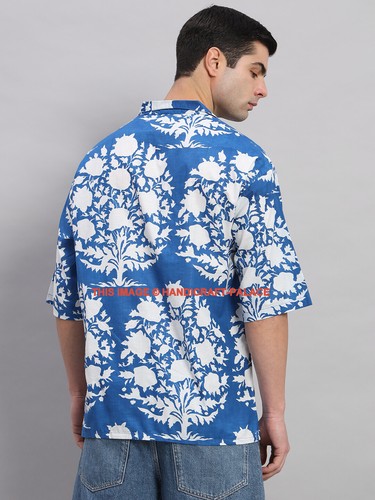 Herren blau Blumenmuster bedruckte Baumwollhemden Westernkleidung übergroßes T-Shirt XS-2XL - Bild 6 von 8