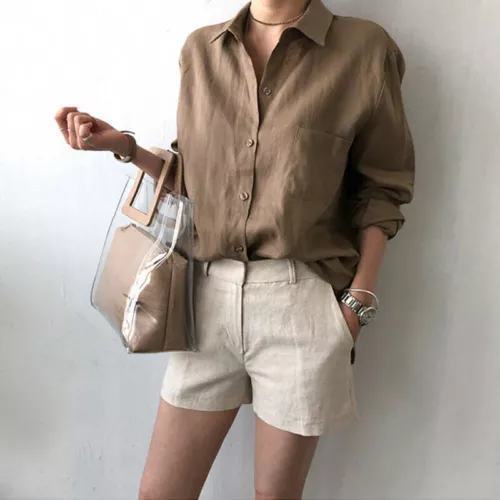 Mujeres Verano Lino Algodón Botones Blusa Prendas para el torso Informal Cuello Mangas Largas Camisa - Imagen 5 de 9