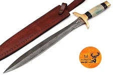 22" HAND FORGED DAMASCUS STEEL DOUBLE EDGE SWORD W/ LEATHER SHEATH 1671