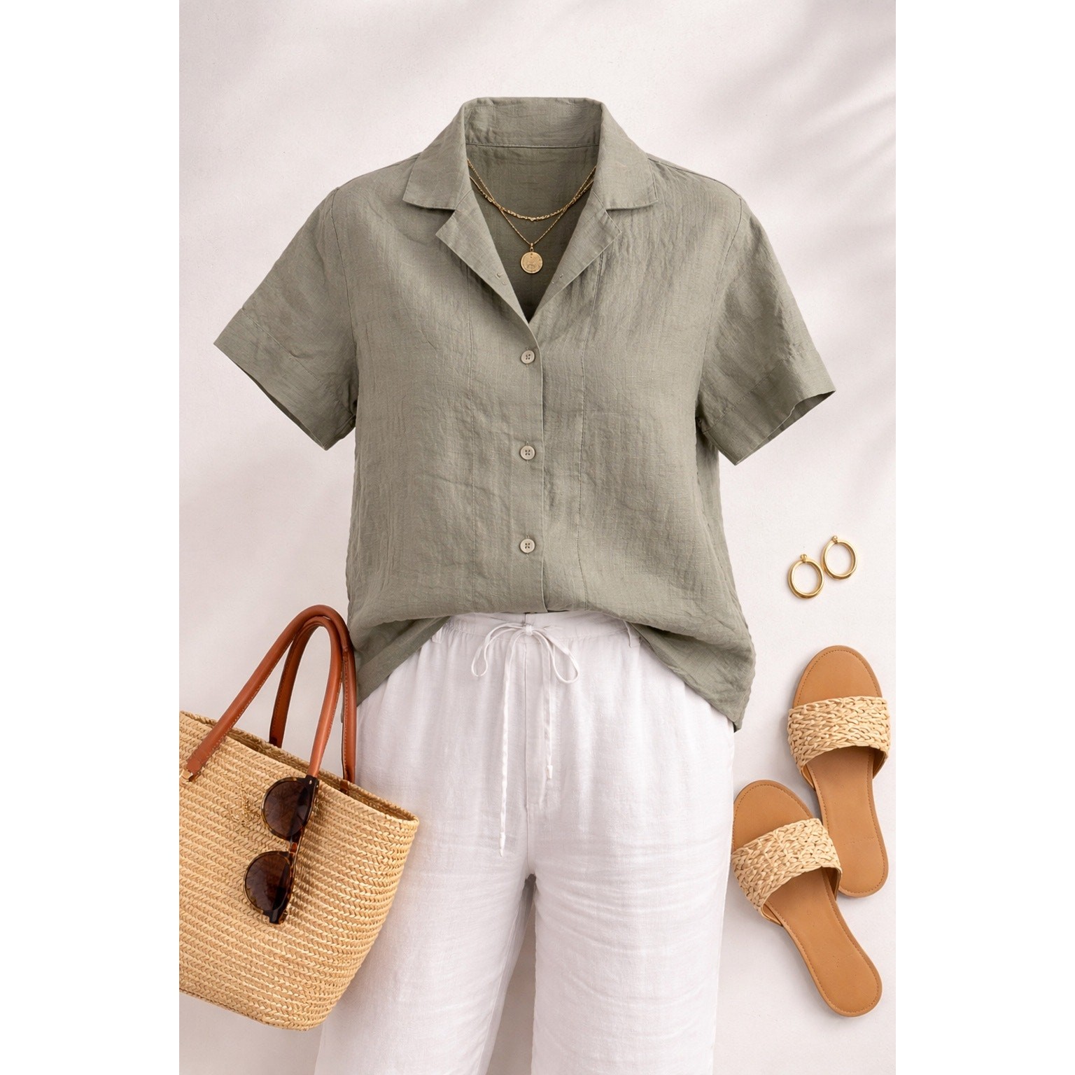 Everlane European Linen Camp Shirt Olive Green Button Front Small Minimalist