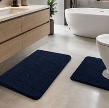 2 Piece Set Navy Blue Soft Cozy Plush Chenille Bath Mat Bathroom Rug