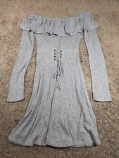 Express gray knit off-shoulder dress with a lace-up front.