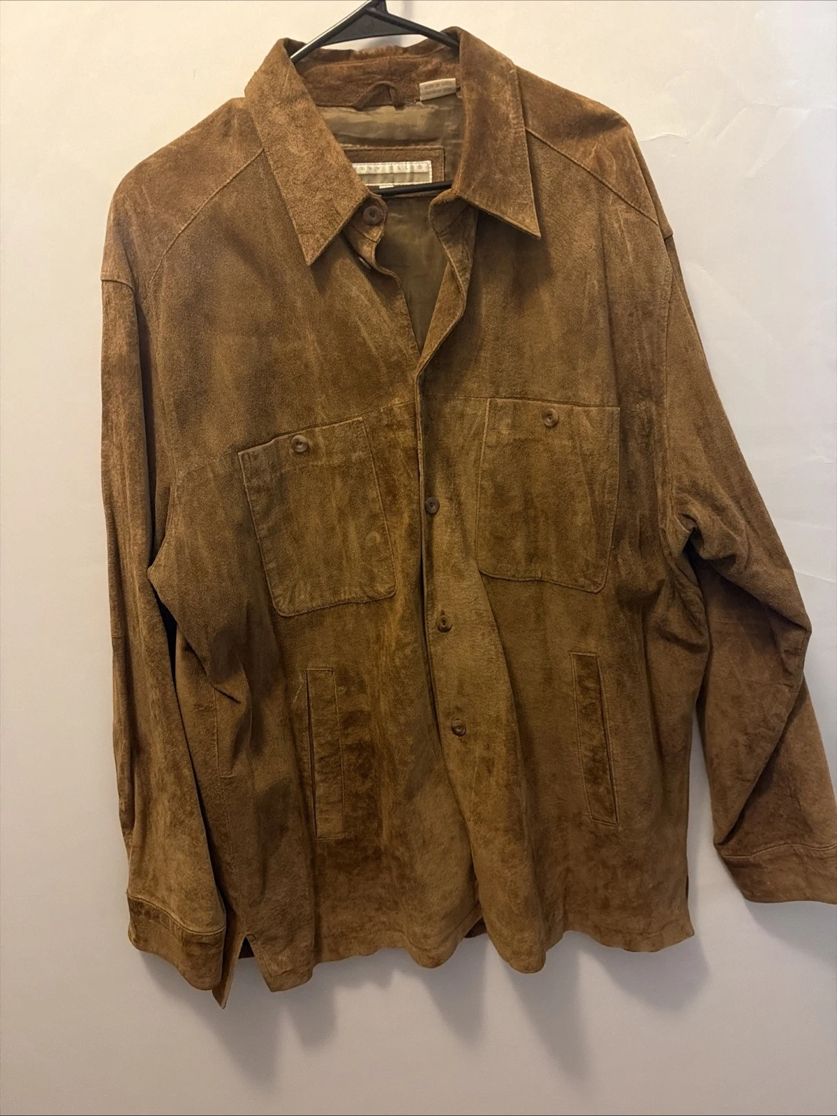 VTG Perry Ellis Mens Suede Leather Shirt Jacket L Lined Button Patch Pockets image 1
