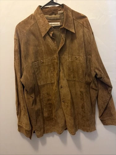 VTG Perry Ellis Mens Suede Leather Shirt Jacket L Lined Button Patch Pockets - product listing photo