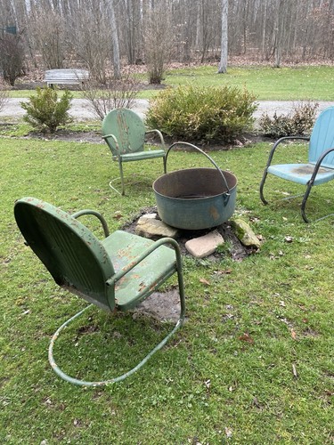 3 Vtg Lawn Chairs & Burning Kettle 