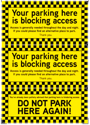 Your Parking Here Is Blocking Access (3x) wodoodporne naklejki winylowe 150x75mm każda - Zdjęcie 1 z 4