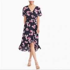 NEW J. Crew Faux Wrap V Neck High Low Floral MIDI Dress L2340 Short Sleeve Navy