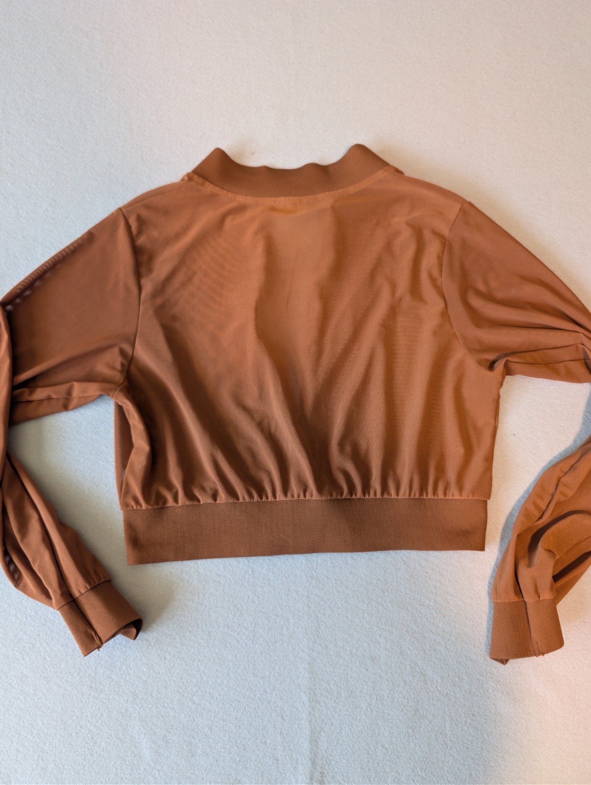 Brown Neutral Mesh Zip Up Cropped Jacket Yoga Bomber Gym Street Style image 5