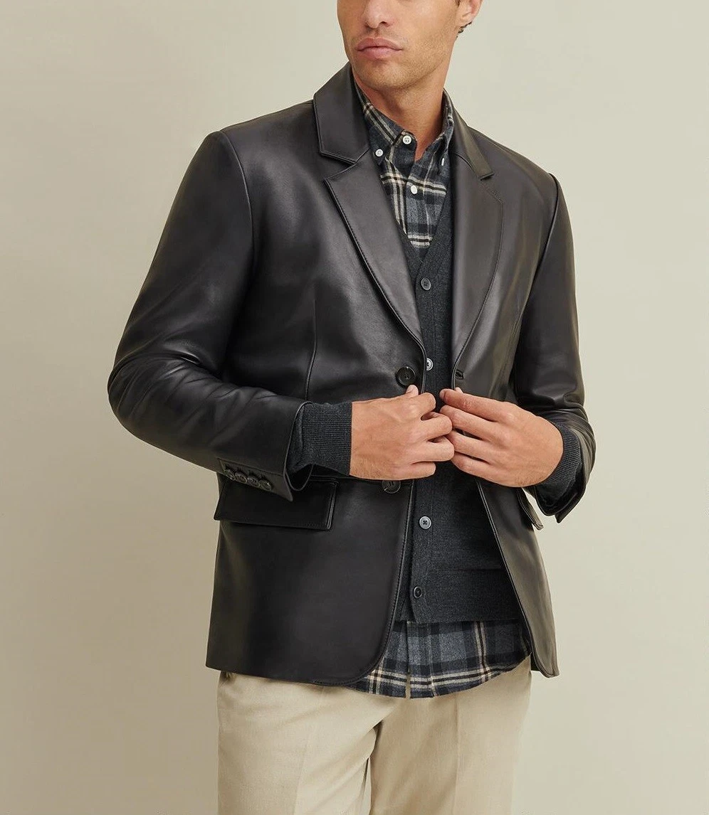 Leather Blazer Jacket Men's Coat Lambskin Soft Men Two Real Button 100% Black 92