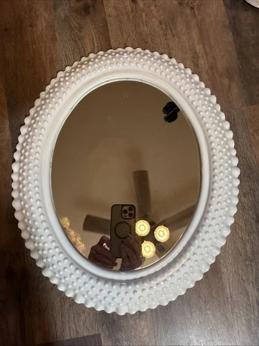 Vintage Burwood 1984 Faux Milk Glass Hobnail Oval Wall Mirror Ruffled Edge