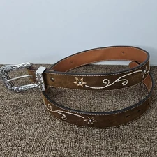 Nocona Belt Co Brown Floral Rhinestones Silver Buckle Sz Med Womens