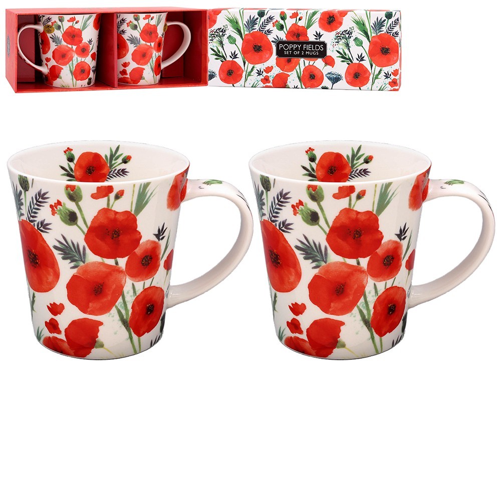2 Poppies Mugs in Matching Gift Box POPPY FIELDS China Mug Set by Leonardo