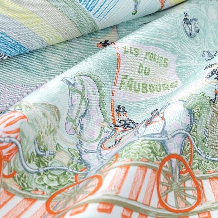 Hermes Scarf Stole Les Folies du Faubourg Olive Green Silk Auth