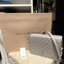 Tory Burch Quilted Gray Crossbody Bag Chain Strap Magnetic Closure Small Silver