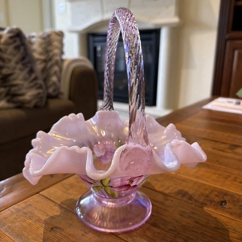 Fenton Art Glass Hand Painted Tulip Delight Rose Milk Opalescent Stretch Basket