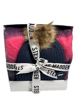Womens Steve Madden Hat & Scarf Set Blue/ Pink Plaid One Size