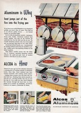 1953 Alcoa Aluminum: Heat Jumps Out of the Fire Into Frying Vintage Print Ad