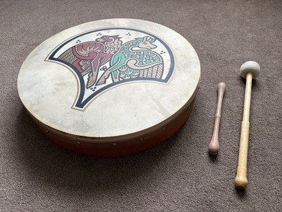 Vintage irische Bodhrán Trommel - Handarbeit, keltisches Design + 2 Kipper