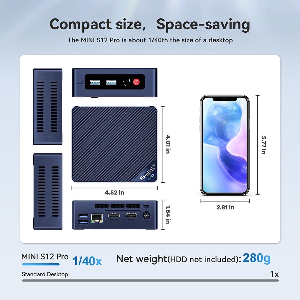 Mini PC Beelink MINI S12 Pro Intel N100 CPU， W 11 pro mini desktop computer  ,Lightweight and compact office Micro PC, Dual HDMI 4K UHD/Gigabit  Ethernet/Dual WiFi/BT/VESA for Home/Office