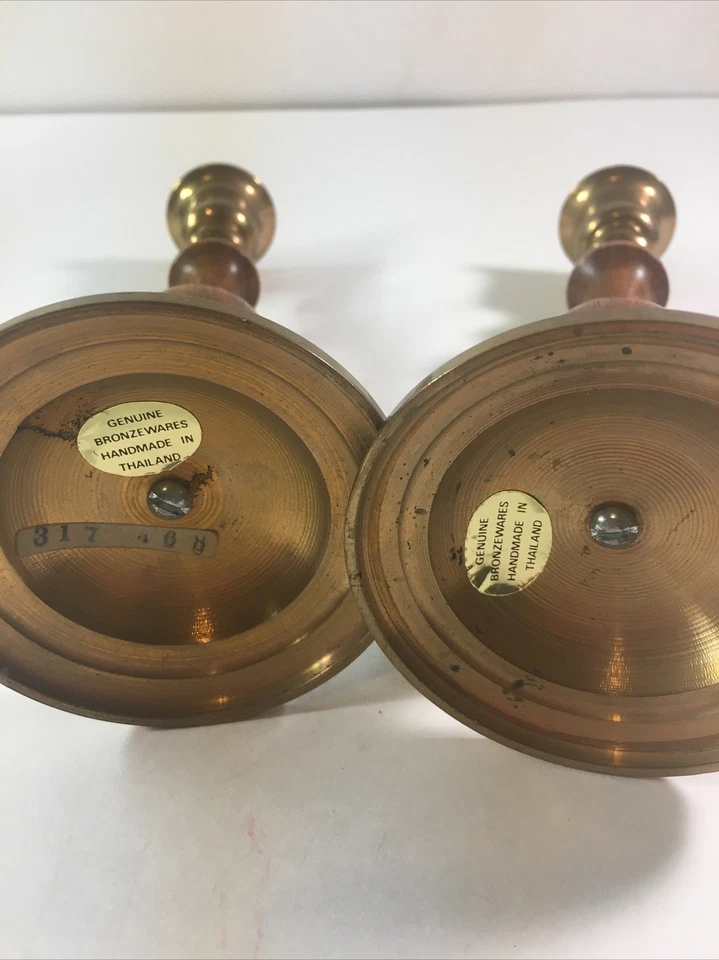 2 Bronze And Teak Candle Sticks 7 1/4" Tall Thailand - Image 4 of 4