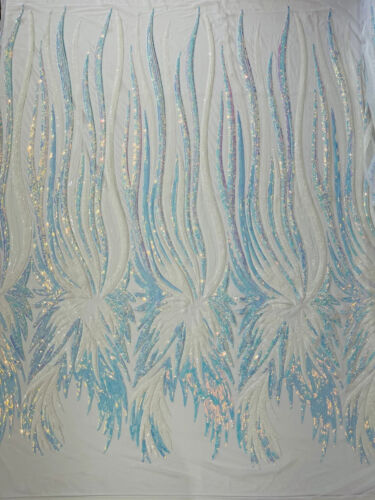 Wing Sequins Design White Blue Iridescent 4 Way Stretch Embroidered Fabric Yard - Picture 1 of 4