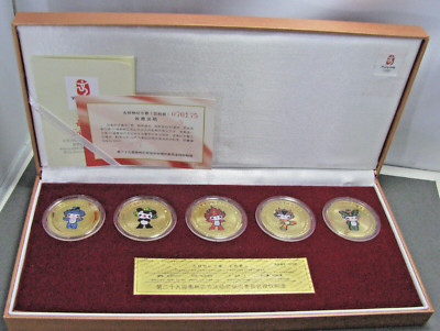 2008 Beijing Olympic Mascots Commerative Medallions Gold Plated Coin Set of 5