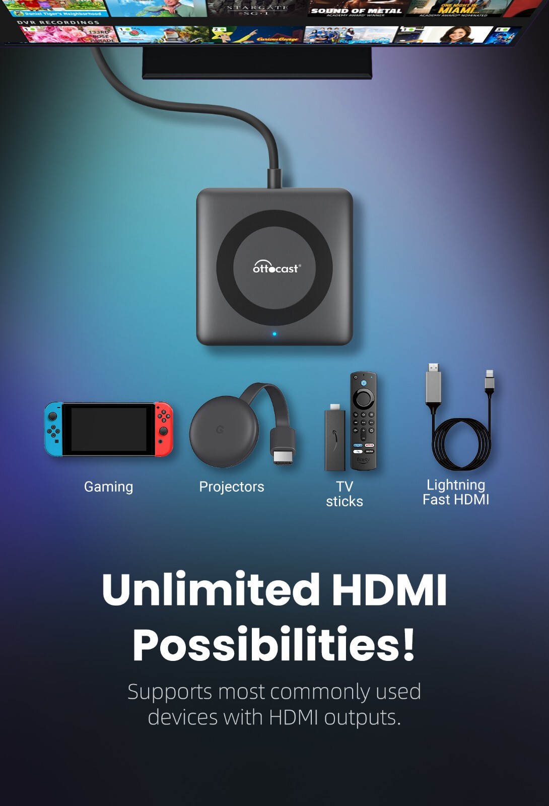 OTTOCAST Car TV Mate Pro HDMI-in Mirorring for TV Sticks Wirelss Carplay Adapter