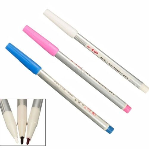3Pcs(White, Blue, Pink) Water Erasable Vanishing Fabric Marker Cloth Ink Pen D - Afbeelding 1 van 12