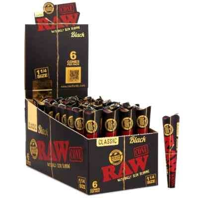 😎RAW BLACK CLASSIC 1 1/4 CONES💥32 PACKS/6 CONES PER PACK (1 FULL BOX