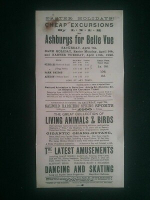 ALTES DAMPFEISENBAHNPLAKAT GÜNSTIGE AUSFLÜGE VON LNER NACH ASHBURYS FÜR BELLE VUE 1928