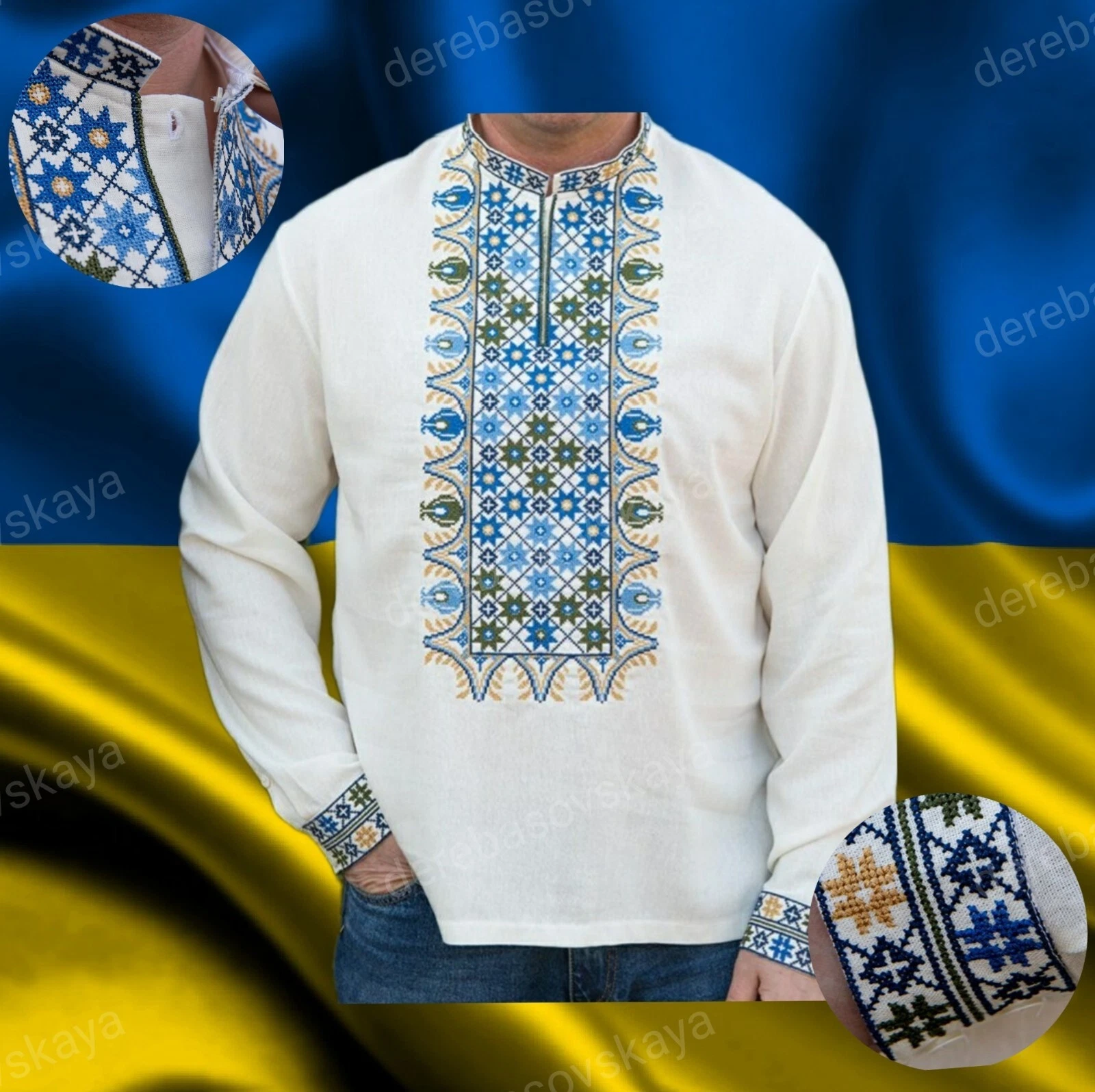 Sz: L traditional Ukrainian embroidered clothing, men shirt Sorochka Vyshyvanka