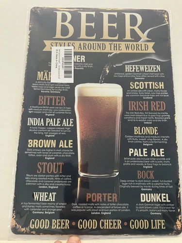 Vintage Look Beer Styles Around The World Metal Sign Wall Decor (8x12).