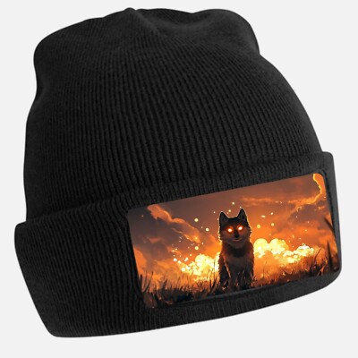 Black Beanie Hat with Cool Shia Inu Motif - Unisex Cap, Cotton