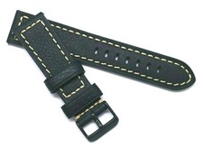 22mm Black Oily Cowhide Leather Contrast Stitch Black Tone Buckle Watch Band