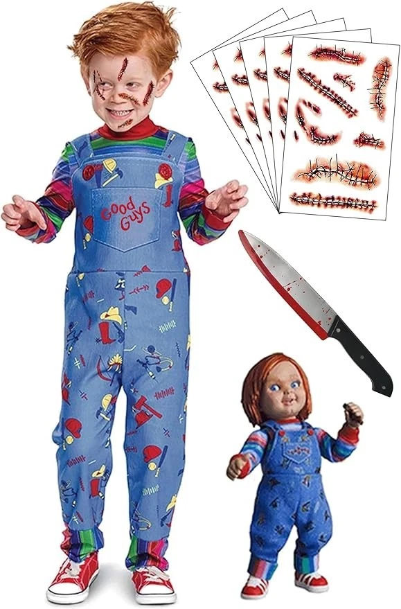Costume Chucky Per Bambini Con Maschera E Coltello Finto - Tuta Horror Halloween - 4