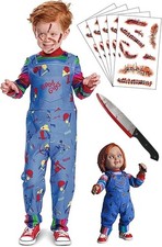 4 Pc Kids Chucky Halloween Costume Jumpsuit Shirt Prop Knife Scar Tattoos New